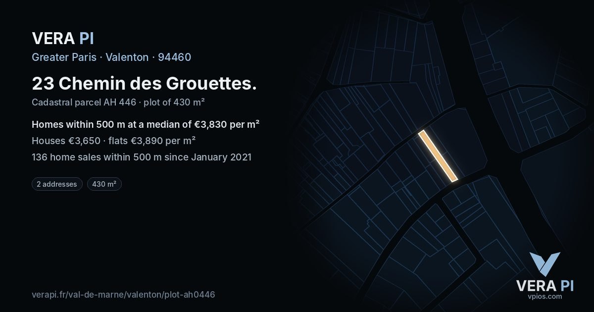 23 Chemin des Grouettes, Valenton at night – the plot lit, the parcels around coloured by the prices near them