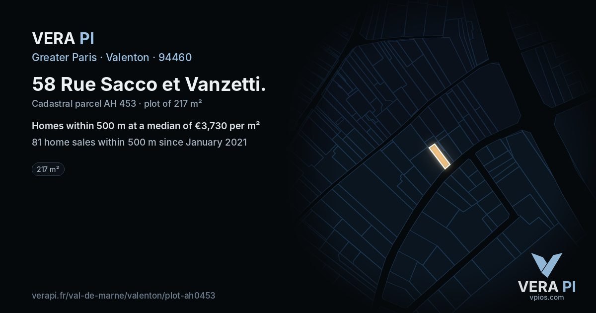 58 Rue Sacco et Vanzetti, Valenton at night – the plot lit, the parcels around coloured by the prices near them