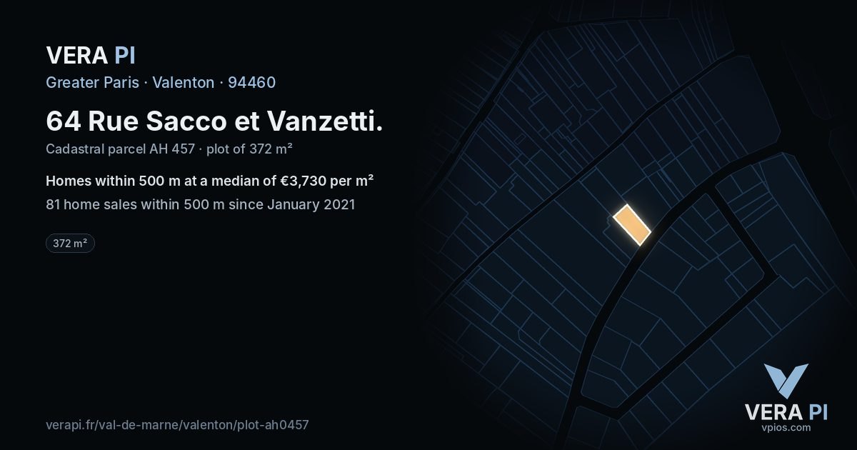 64 Rue Sacco et Vanzetti, Valenton at night – the plot lit, the parcels around coloured by the prices near them