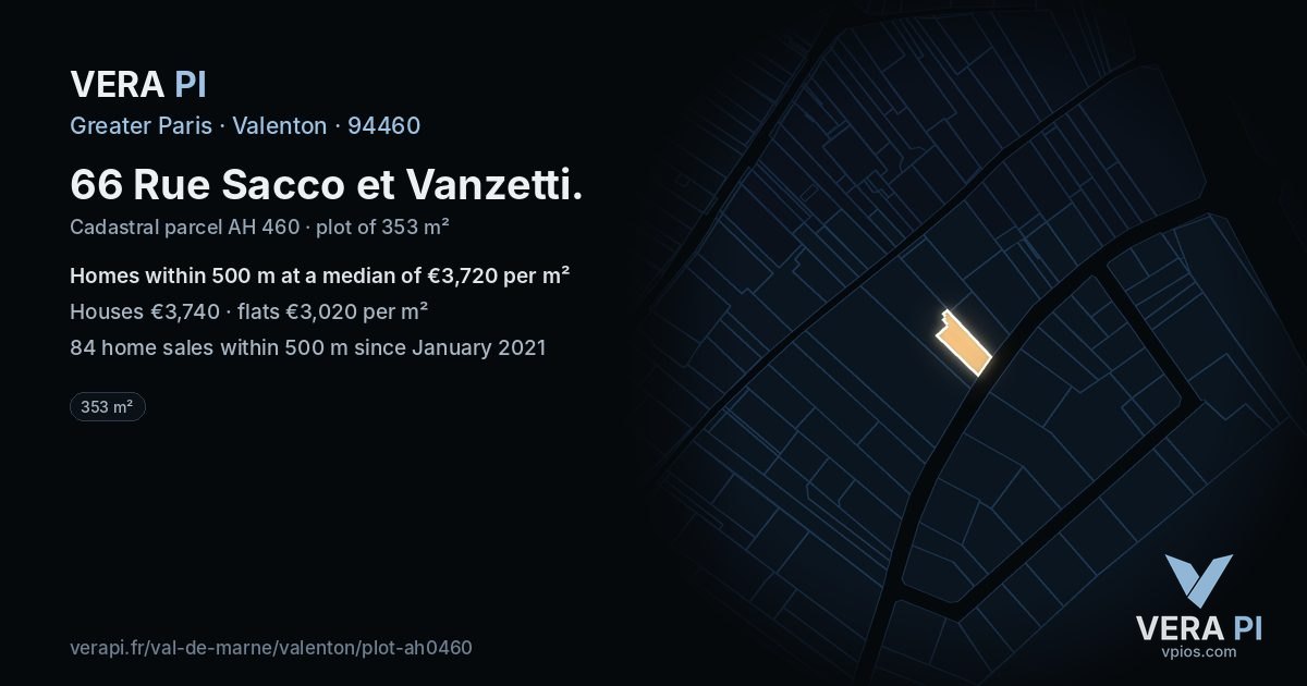 66 Rue Sacco et Vanzetti, Valenton at night – the plot lit, the parcels around coloured by the prices near them