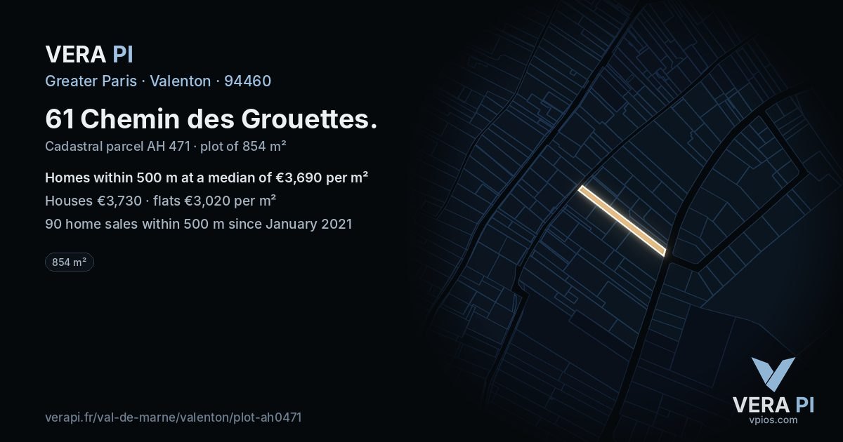 61 Chemin des Grouettes, Valenton at night – the plot lit, the parcels around coloured by the prices near them