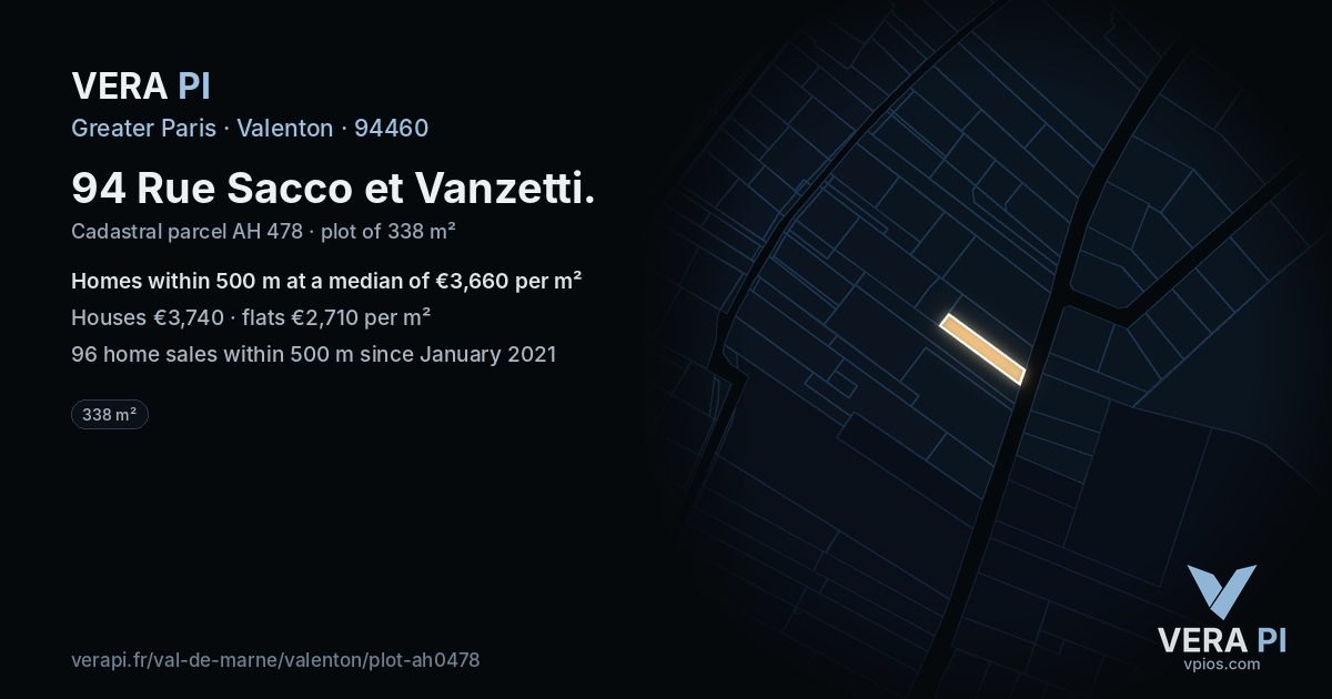 94 Rue Sacco et Vanzetti, Valenton at night – the plot lit, the parcels around coloured by the prices near them
