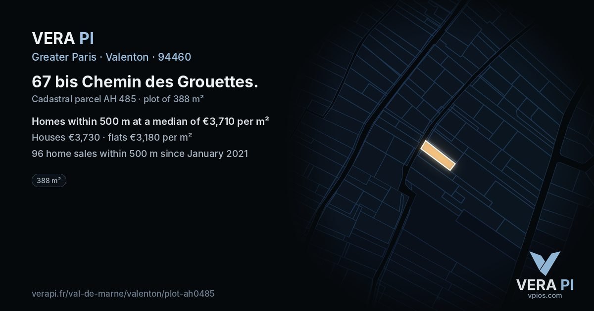 67 bis Chemin des Grouettes, Valenton at night – the plot lit, the parcels around coloured by the prices near them