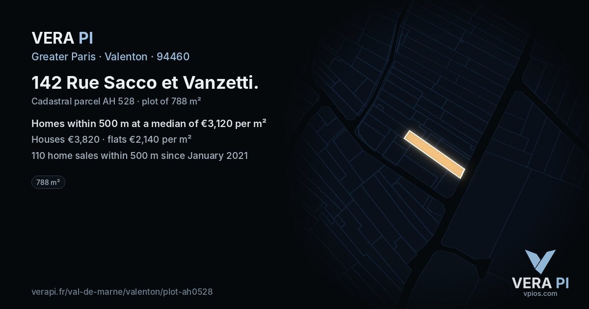 142 Rue Sacco et Vanzetti, Valenton at night – the plot lit, the parcels around coloured by the prices near them