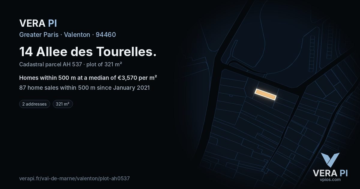 14 Allee des Tourelles, Valenton at night – the plot lit, the parcels around coloured by the prices near them