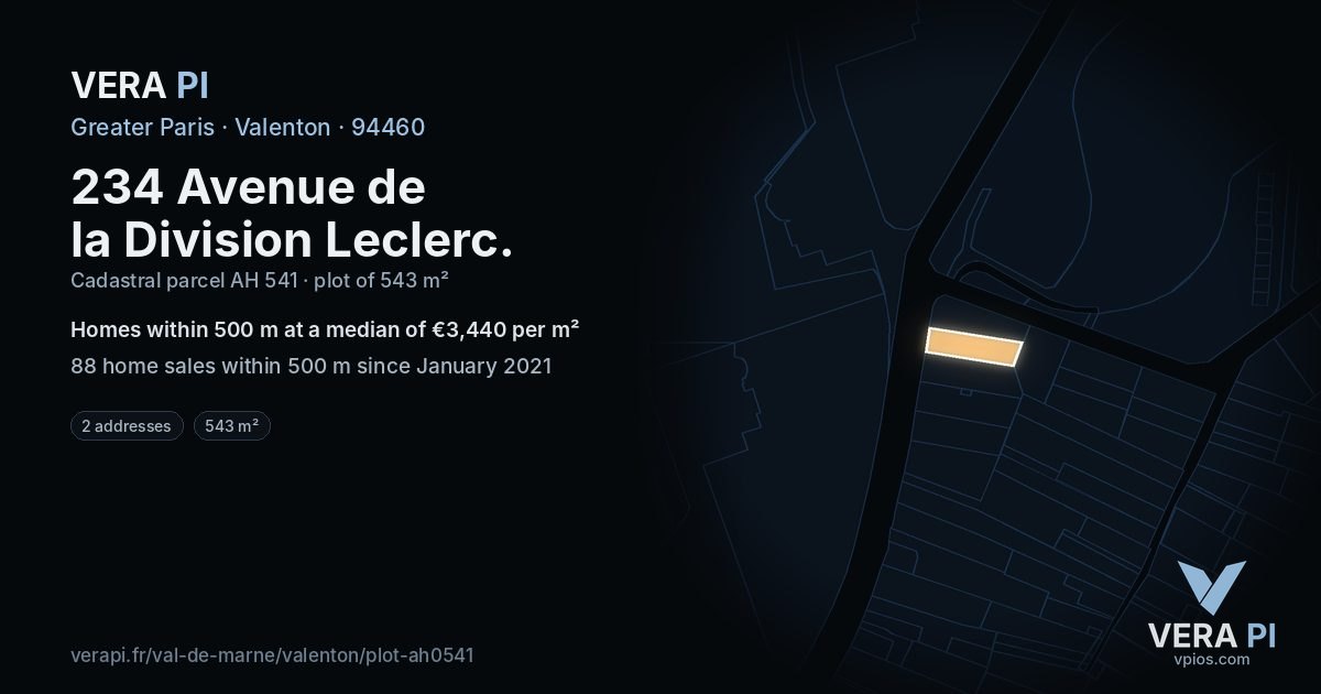 234 Avenue de la Division Leclerc, Valenton at night – the plot lit, the parcels around coloured by the prices near them