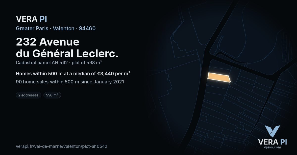 232 Avenue du Général Leclerc, Valenton at night – the plot lit, the parcels around coloured by the prices near them