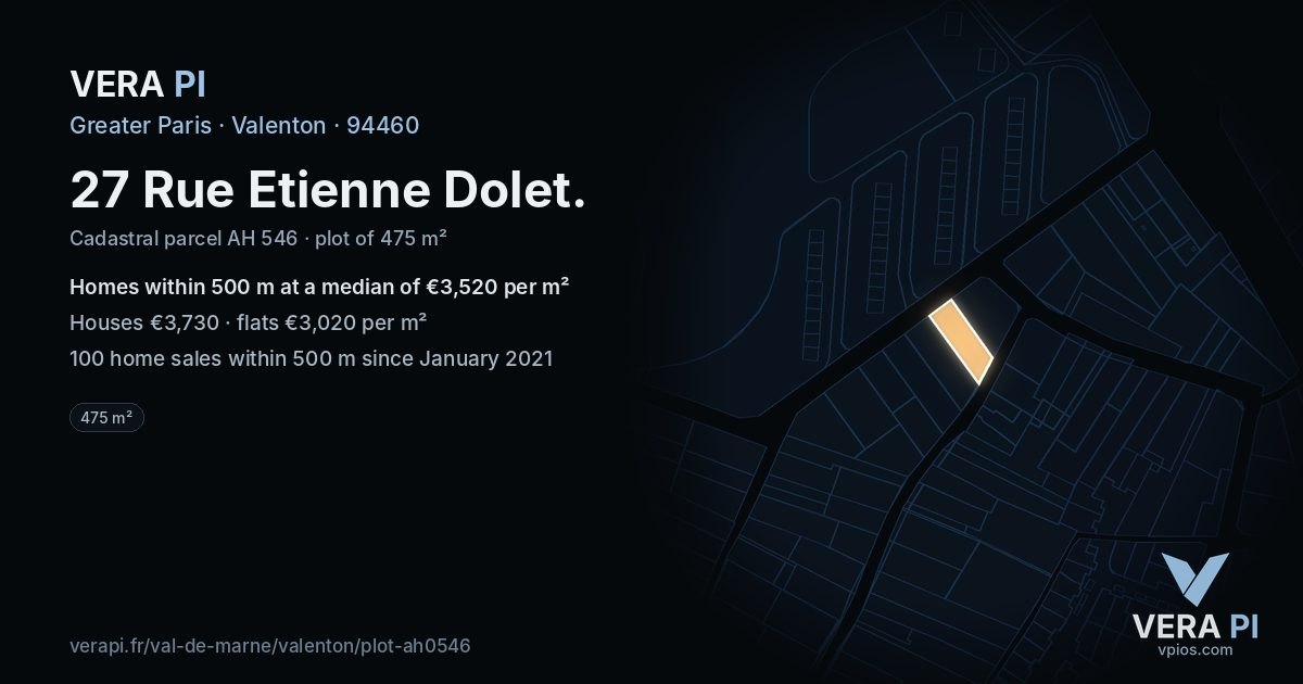 27 Rue Etienne Dolet, Valenton at night – the plot lit, the parcels around coloured by the prices near them