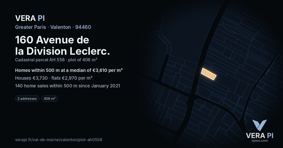 160 Avenue de la Division Leclerc, Valenton at night – the plot lit, the parcels around coloured by the prices near them