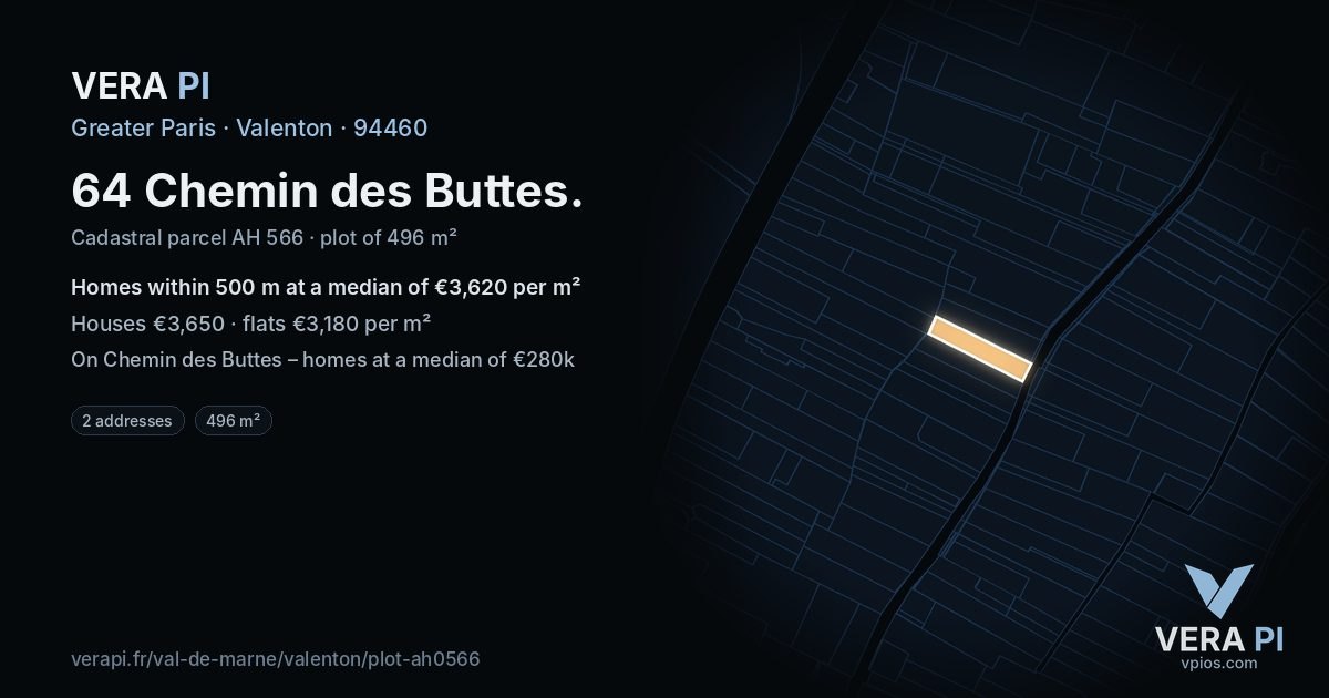 64 Chemin des Buttes, Valenton at night – the plot lit, the parcels around coloured by the prices near them