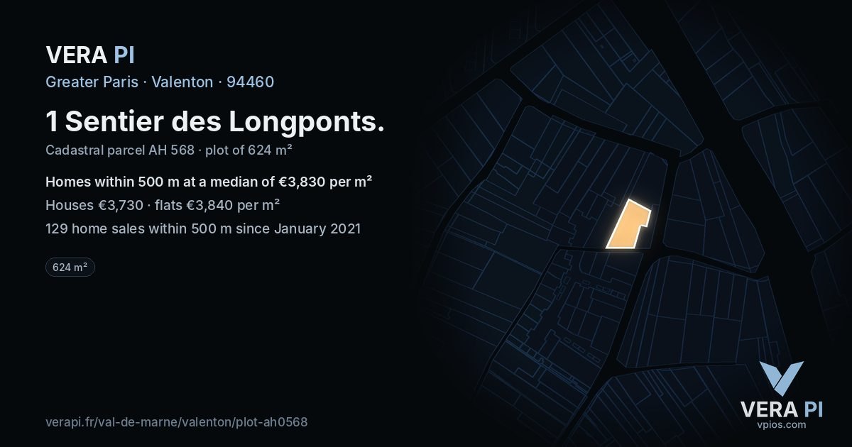 1 Sentier des Longponts, Valenton at night – the plot lit, the parcels around coloured by the prices near them