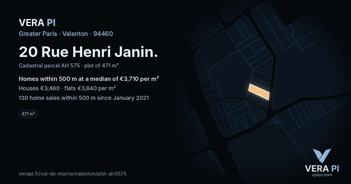 20 Rue Henri Janin, Valenton at night – the plot lit, the parcels around coloured by the prices near them