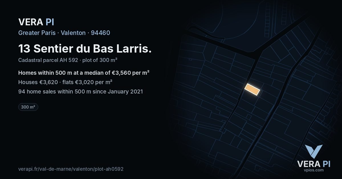 13 Sentier du Bas Larris, Valenton at night – the plot lit, the parcels around coloured by the prices near them