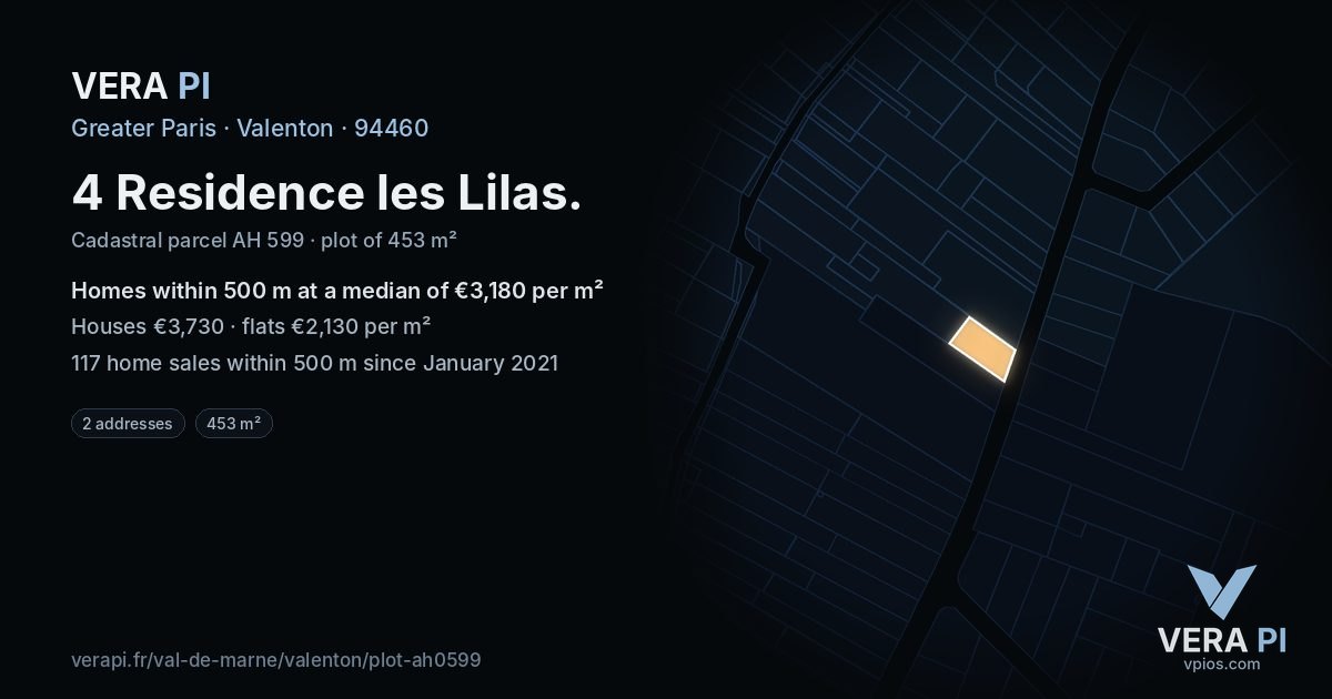 4 Residence les Lilas, Valenton at night – the plot lit, the parcels around coloured by the prices near them