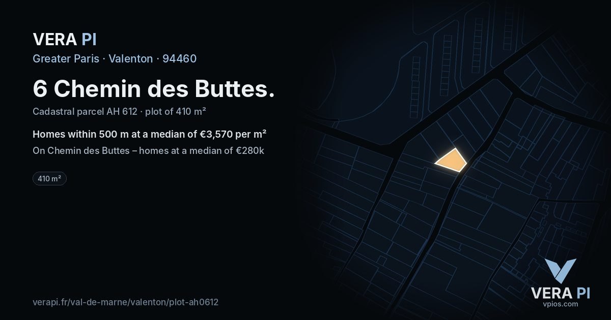 6 Chemin des Buttes, Valenton at night – the plot lit, the parcels around coloured by the prices near them