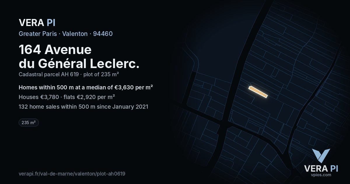 164 Avenue du Général Leclerc, Valenton at night – the plot lit, the parcels around coloured by the prices near them