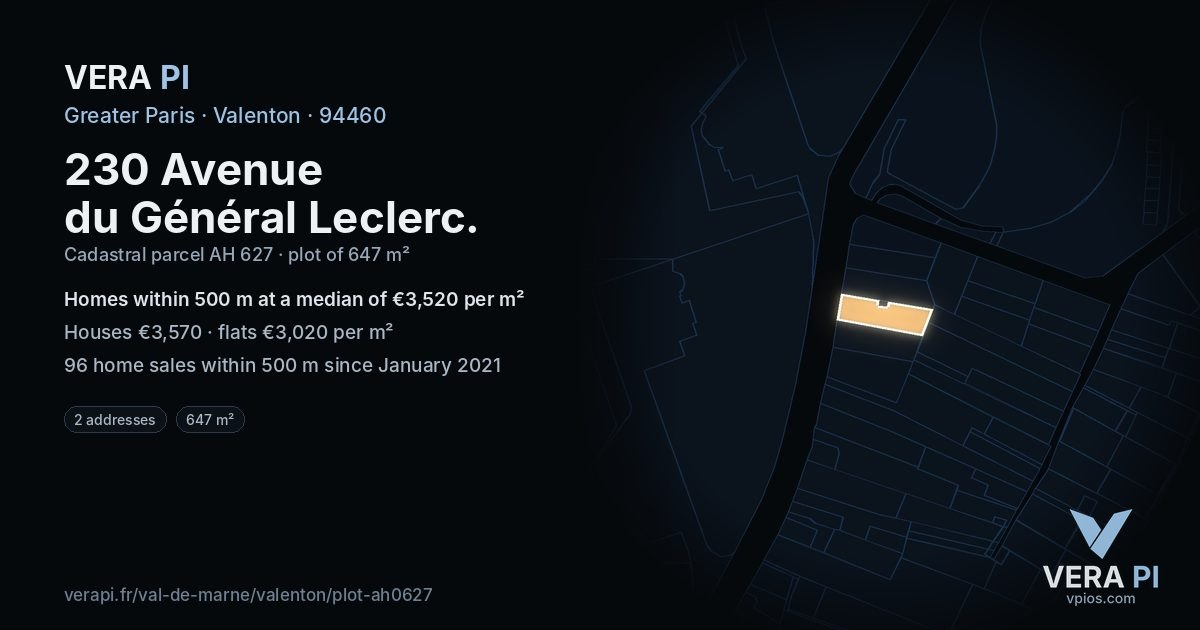230 Avenue du Général Leclerc, Valenton at night – the plot lit, the parcels around coloured by the prices near them