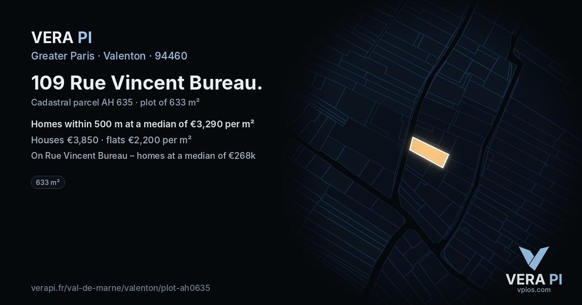 109 Rue Vincent Bureau, Valenton at night – the plot lit, the parcels around coloured by the prices near them
