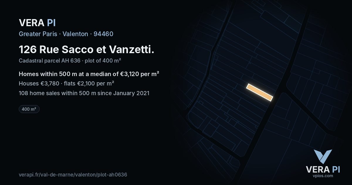 126 Rue Sacco et Vanzetti, Valenton at night – the plot lit, the parcels around coloured by the prices near them