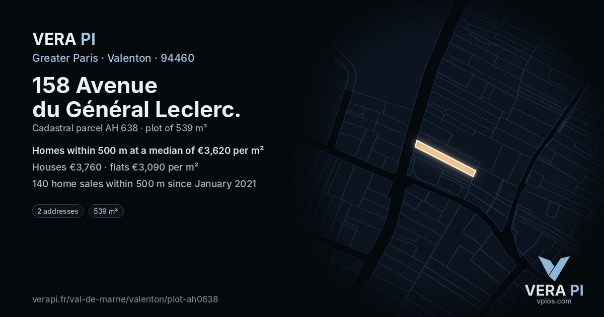 158 Avenue du Général Leclerc, Valenton at night – the plot lit, the parcels around coloured by the prices near them