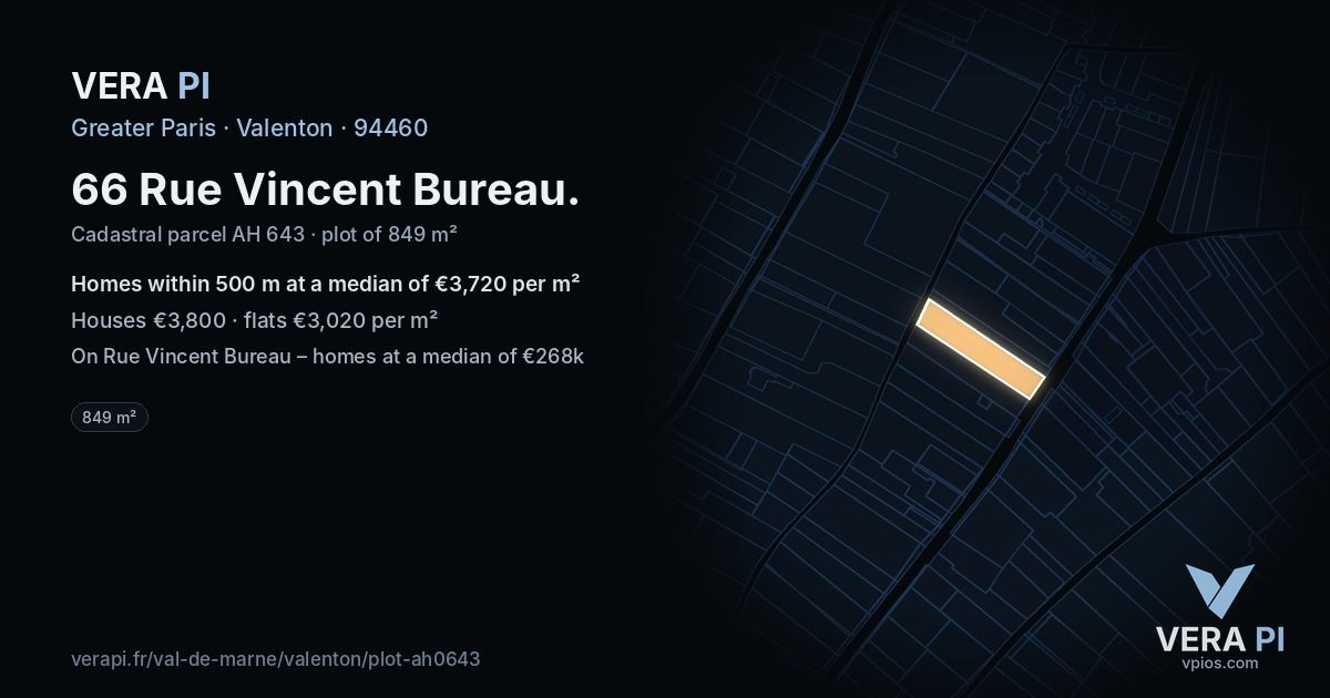66 Rue Vincent Bureau, Valenton at night – the plot lit, the parcels around coloured by the prices near them