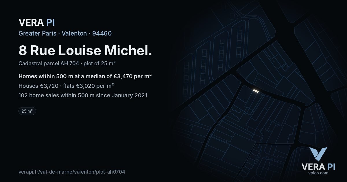 8 Rue Louise Michel, Valenton at night – the plot lit, the parcels around coloured by the prices near them