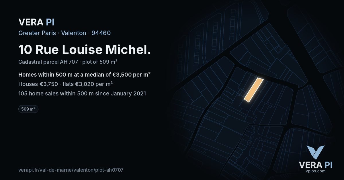 10 Rue Louise Michel, Valenton at night – the plot lit, the parcels around coloured by the prices near them
