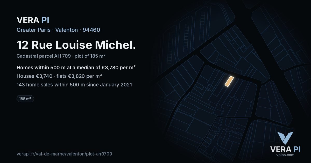 12 Rue Louise Michel, Valenton at night – the plot lit, the parcels around coloured by the prices near them
