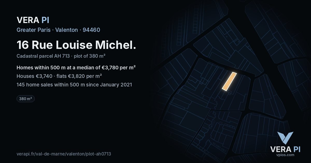 16 Rue Louise Michel, Valenton at night – the plot lit, the parcels around coloured by the prices near them