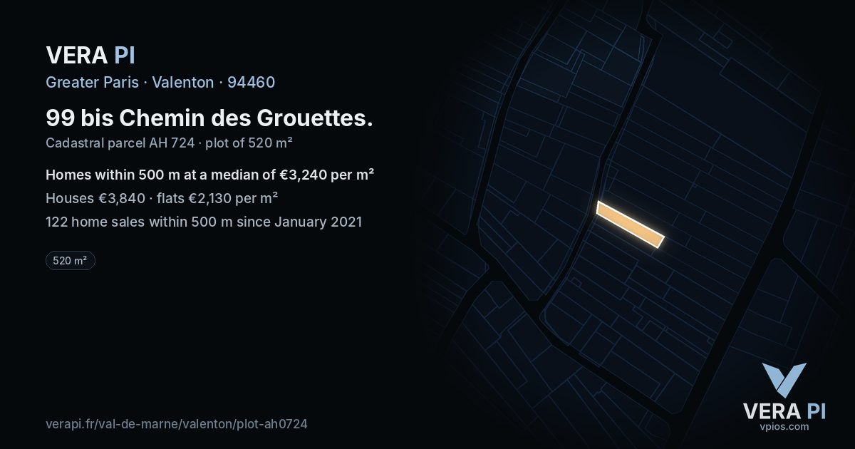 99 bis Chemin des Grouettes, Valenton at night – the plot lit, the parcels around coloured by the prices near them