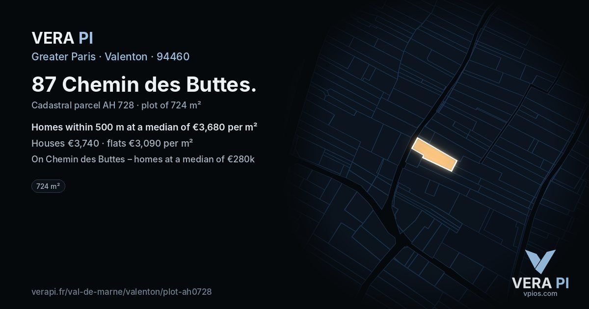 87 Chemin des Buttes, Valenton at night – the plot lit, the parcels around coloured by the prices near them