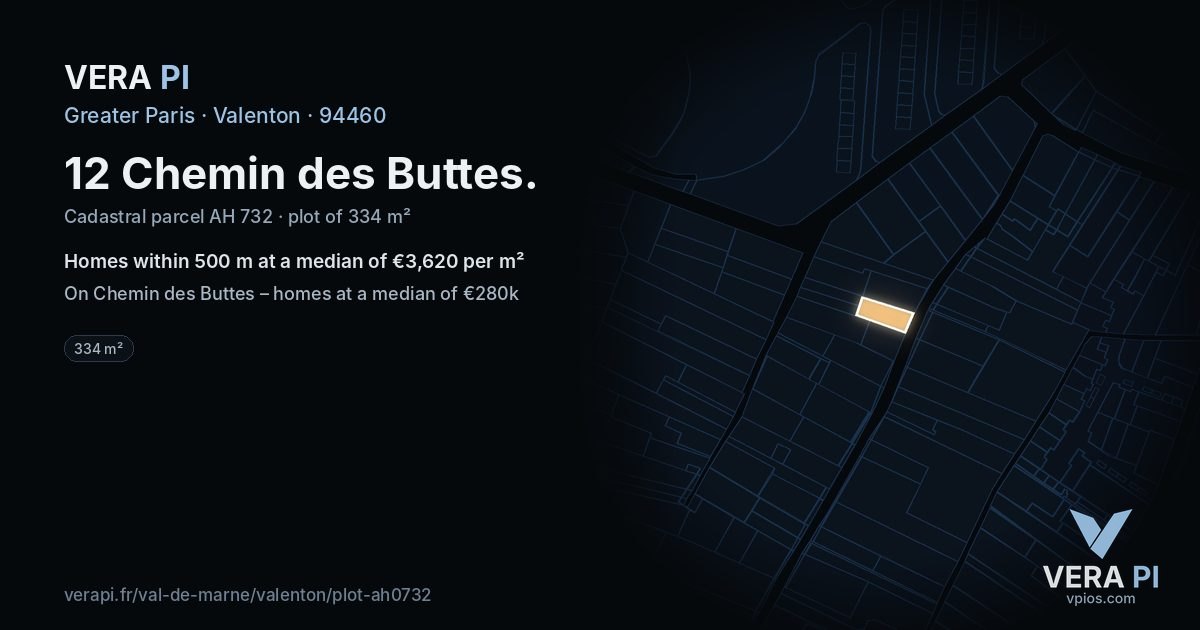 12 Chemin des Buttes, Valenton at night – the plot lit, the parcels around coloured by the prices near them