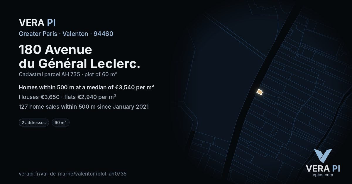 180 Avenue du Général Leclerc, Valenton at night – the plot lit, the parcels around coloured by the prices near them