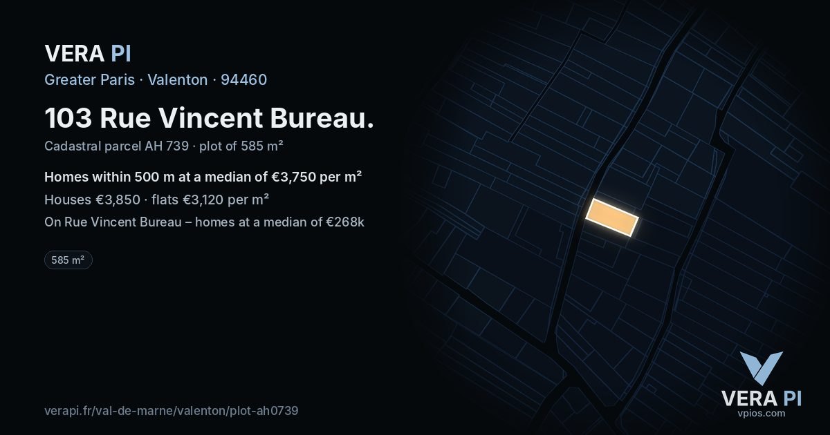 103 Rue Vincent Bureau, Valenton at night – the plot lit, the parcels around coloured by the prices near them