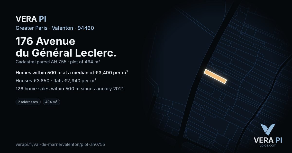 176 Avenue du Général Leclerc, Valenton at night – the plot lit, the parcels around coloured by the prices near them