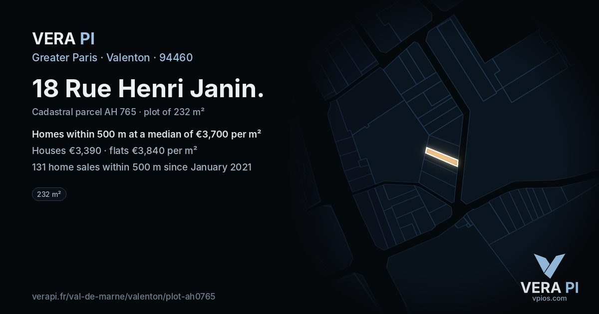 18 Rue Henri Janin, Valenton at night – the plot lit, the parcels around coloured by the prices near them