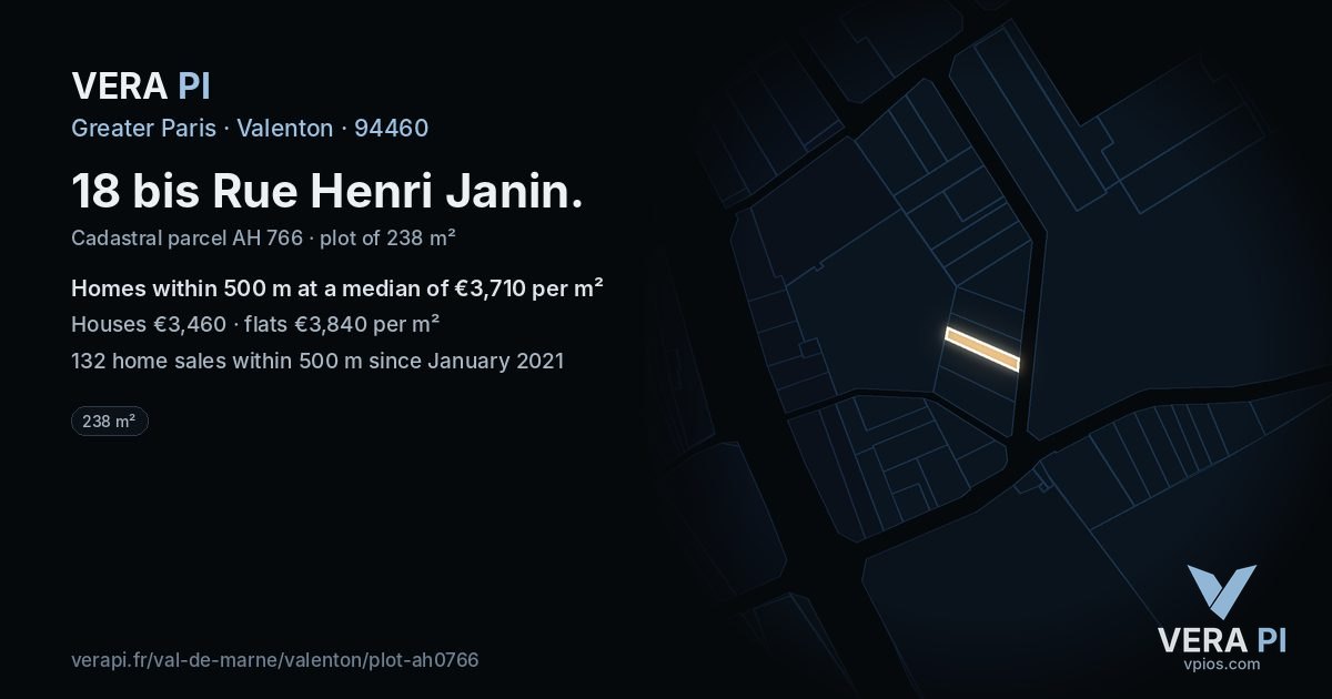 18 bis Rue Henri Janin, Valenton at night – the plot lit, the parcels around coloured by the prices near them