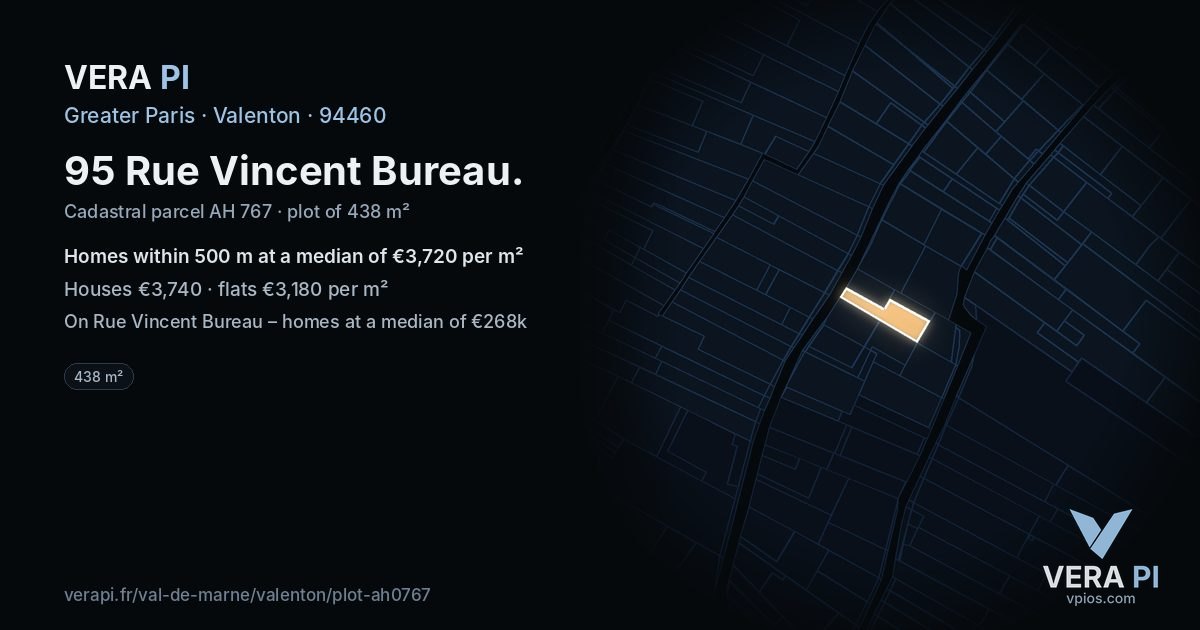 95 Rue Vincent Bureau, Valenton at night – the plot lit, the parcels around coloured by the prices near them