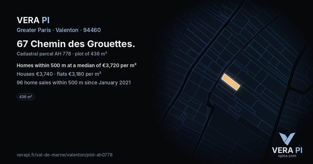 67 Chemin des Grouettes, Valenton at night – the plot lit, the parcels around coloured by the prices near them