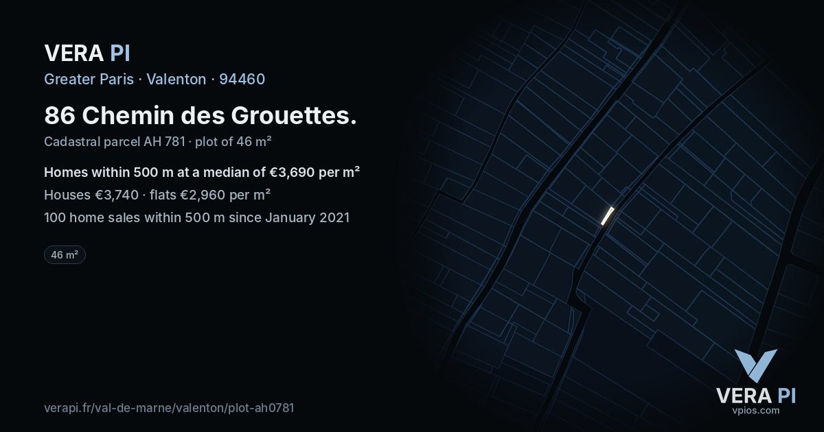 86 Chemin des Grouettes, Valenton at night – the plot lit, the parcels around coloured by the prices near them