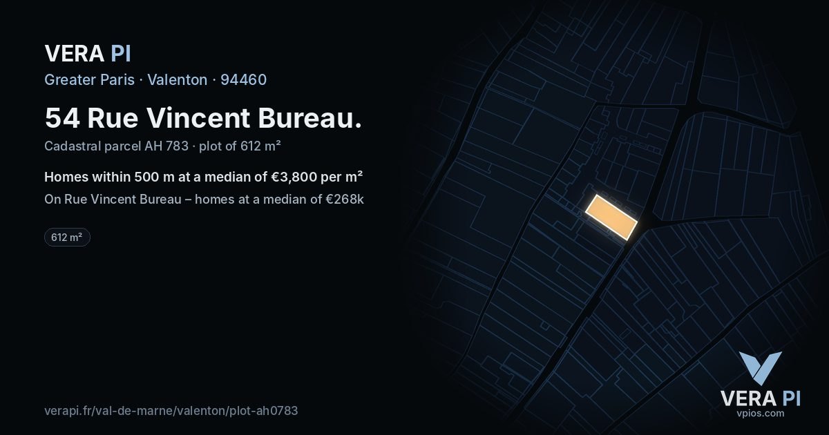 54 Rue Vincent Bureau, Valenton at night – the plot lit, the parcels around coloured by the prices near them
