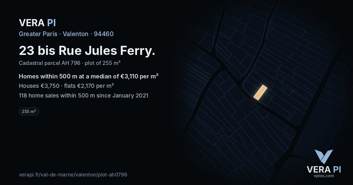 23 bis Rue Jules Ferry, Valenton at night – the plot lit, the parcels around coloured by the prices near them