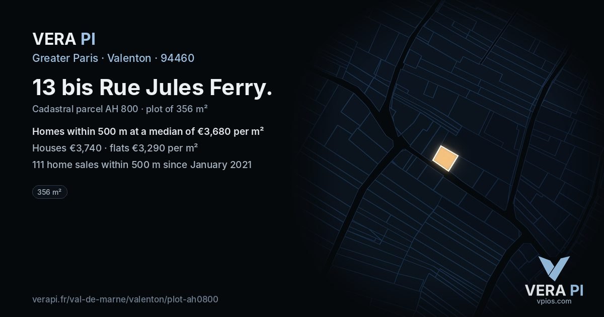 13 bis Rue Jules Ferry, Valenton at night – the plot lit, the parcels around coloured by the prices near them