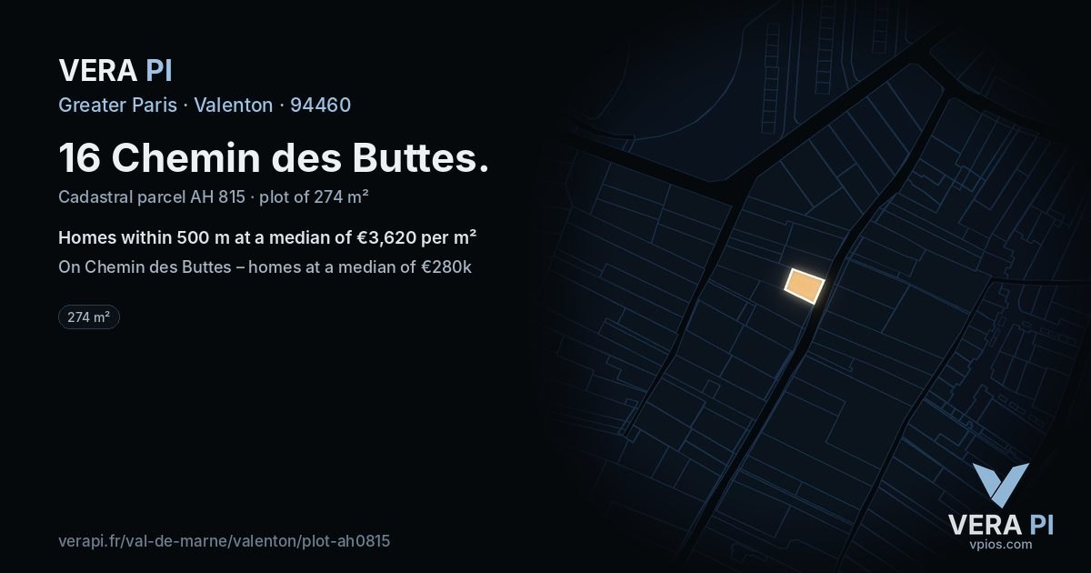 16 Chemin des Buttes, Valenton at night – the plot lit, the parcels around coloured by the prices near them