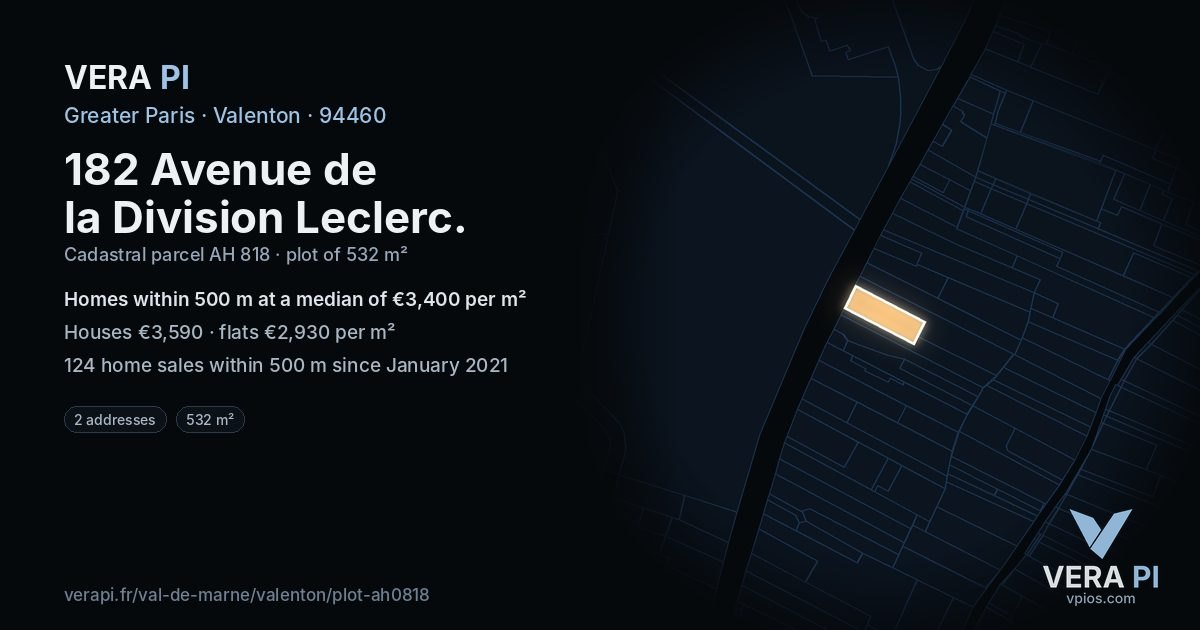 182 Avenue de la Division Leclerc, Valenton at night – the plot lit, the parcels around coloured by the prices near them