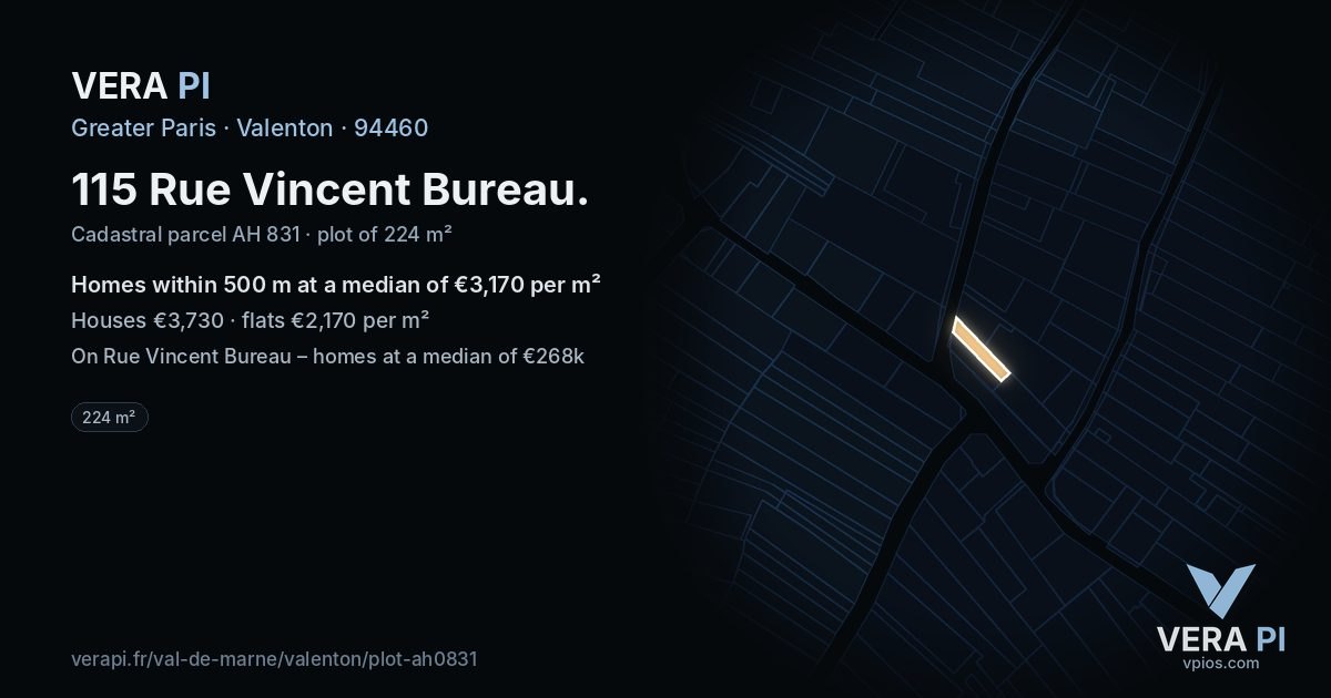 115 Rue Vincent Bureau, Valenton at night – the plot lit, the parcels around coloured by the prices near them