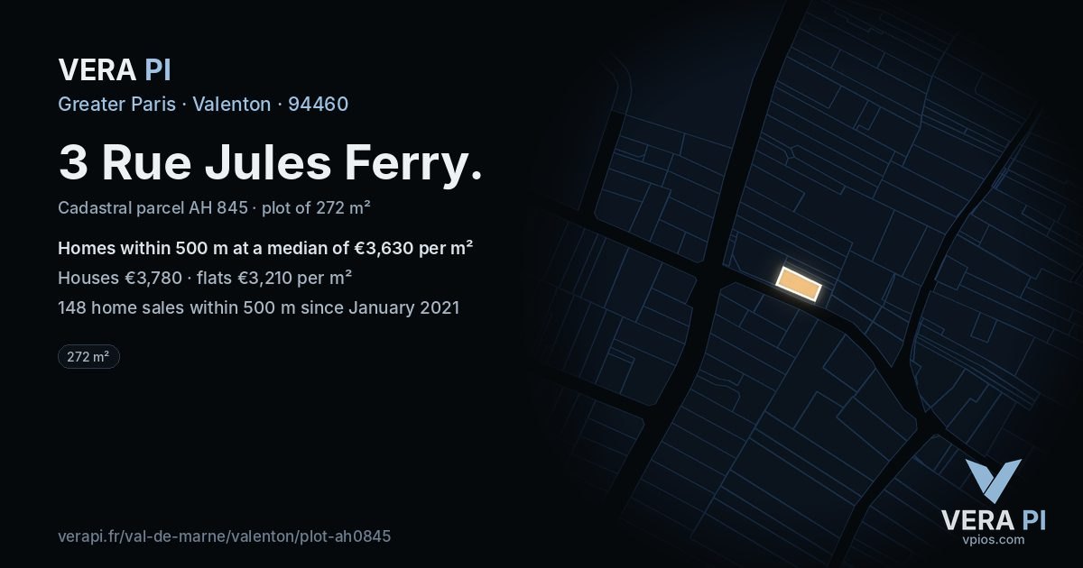 3 Rue Jules Ferry, Valenton at night – the plot lit, the parcels around coloured by the prices near them