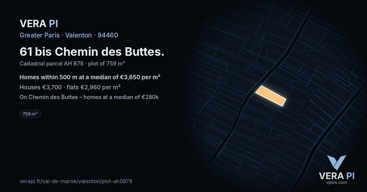 61 bis Chemin des Buttes, Valenton at night – the plot lit, the parcels around coloured by the prices near them