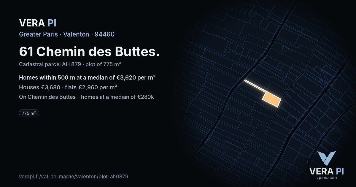 61 Chemin des Buttes, Valenton at night – the plot lit, the parcels around coloured by the prices near them