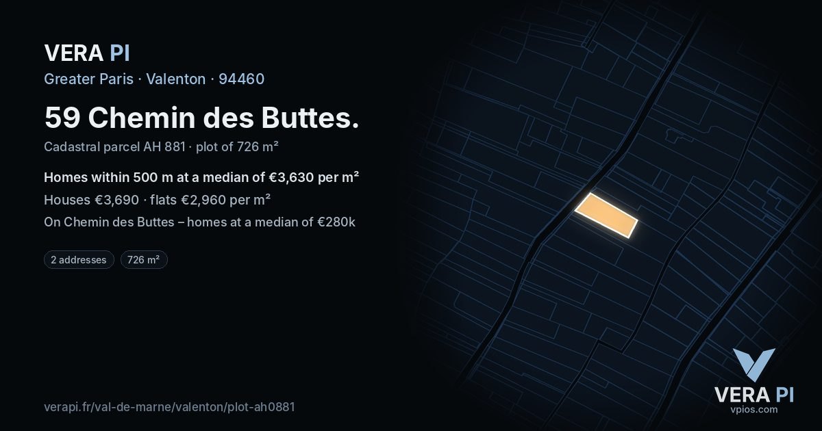 59 Chemin des Buttes, Valenton at night – the plot lit, the parcels around coloured by the prices near them